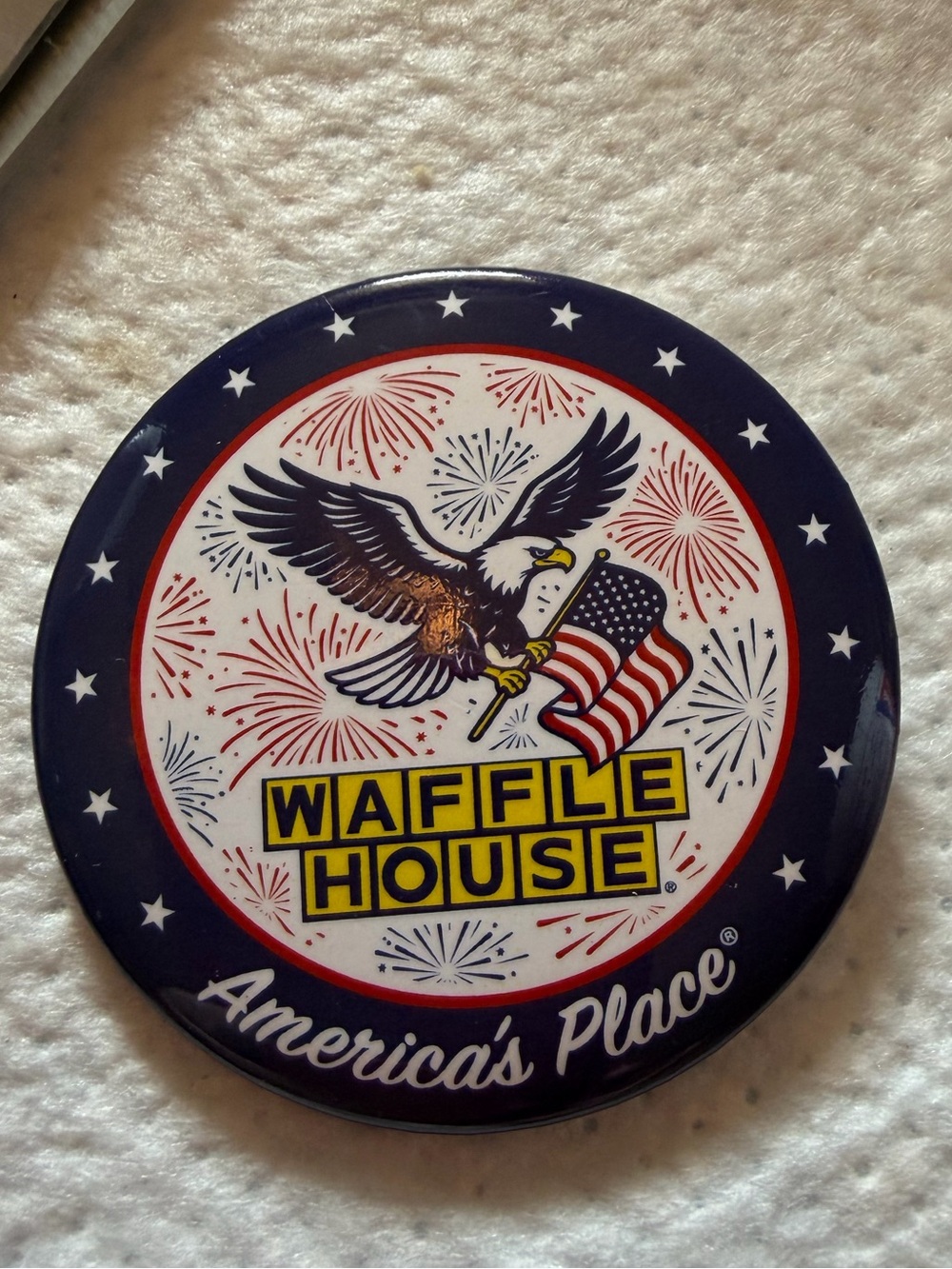 Waffle House Americana Round Button Pin - Navy, White, Red, Yellow 200 th anni